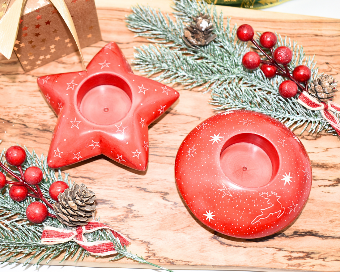 Christmas Soapstone Candle Holder | Red Star Shape | Kenyan Hand-Carved Décor