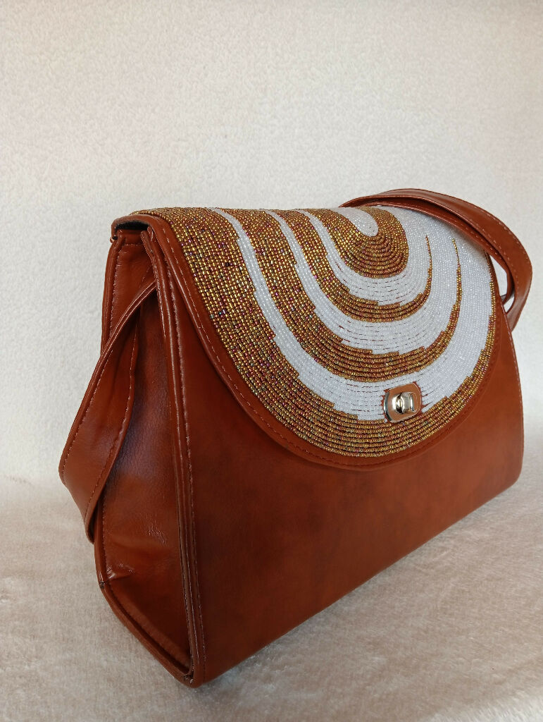 Brown Hand-Beaded Flap Crossbody Bag - Mawu Africa
