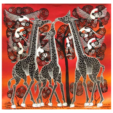 Giraffe and Birds Tingatinga Painting