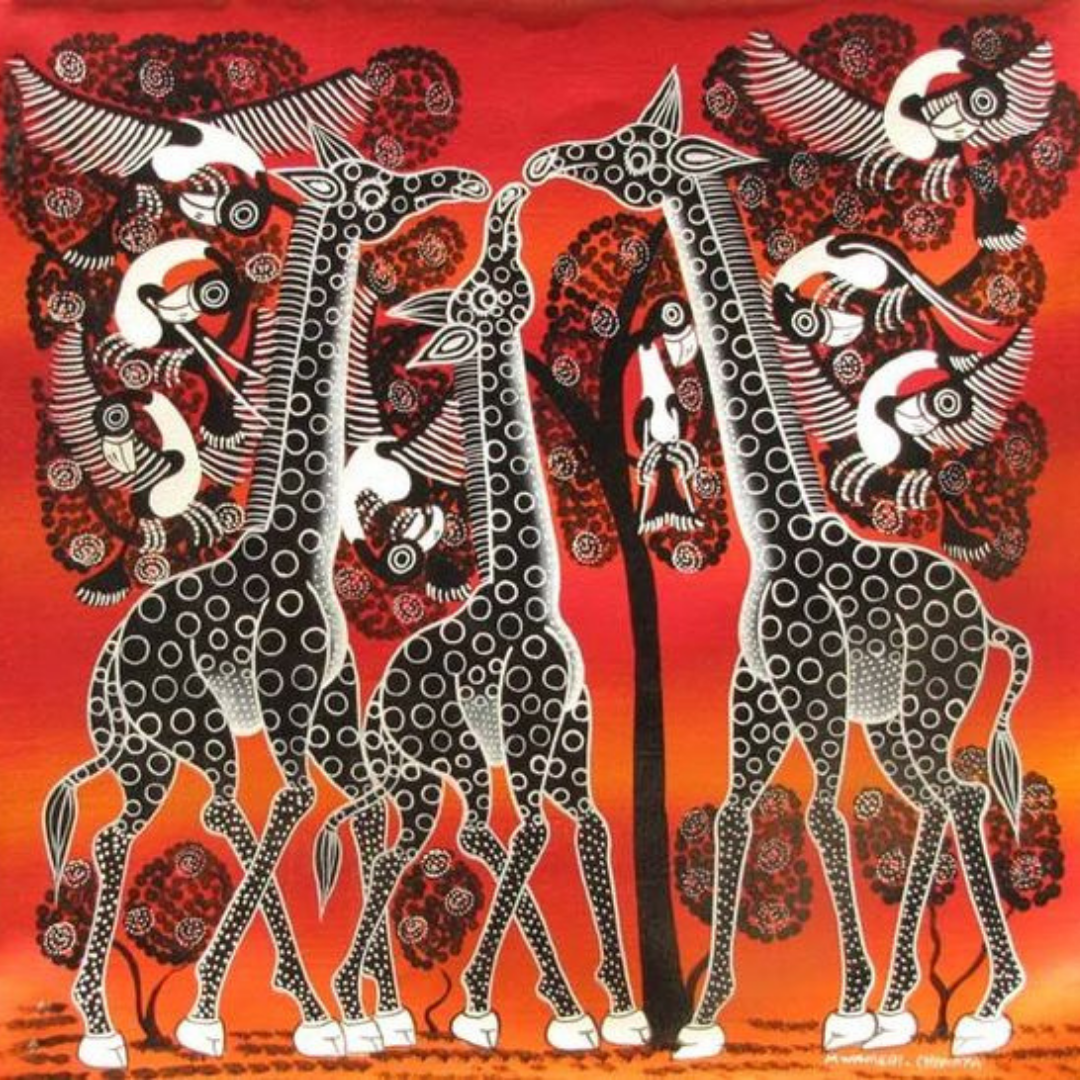 Giraffe and Birds Tingatinga Painting