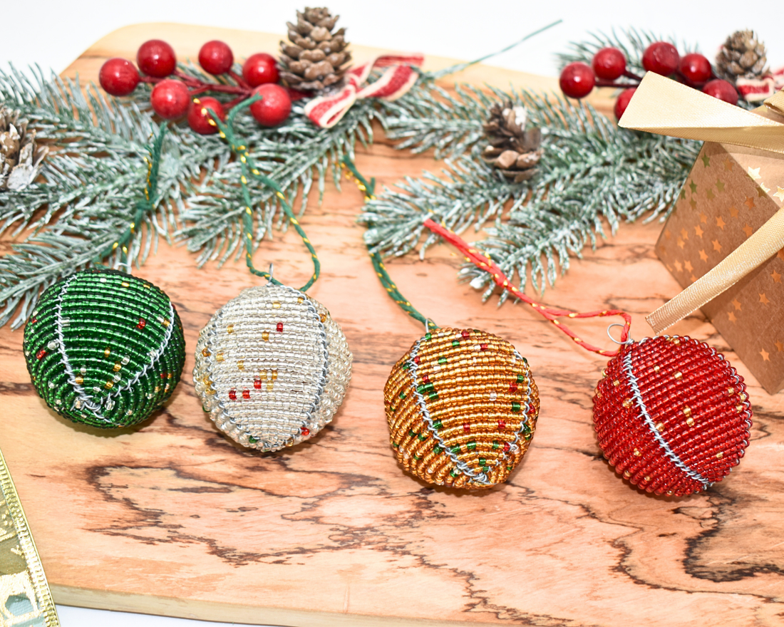 Beaded Christmas Decor Balls Set of 4