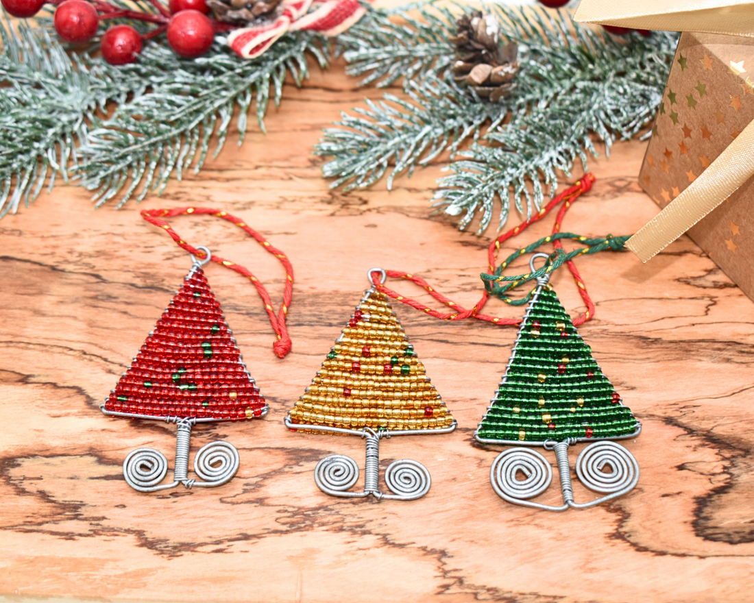 Beaded Christmas Decor Tree Set of 3