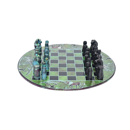 Animal Crafted Pieces Chess Board | Soapstone Carving |Green
