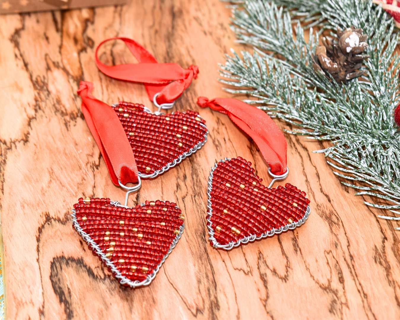 Beaded Christmas Decor Hearts | Set of 3 | Maasai Beadwork | Festive Ornaments