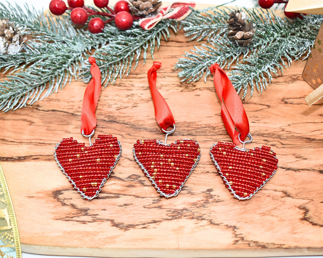 Beaded Christmas Decor Hearts | Set of 3 | Maasai Beadwork | Festive Ornaments