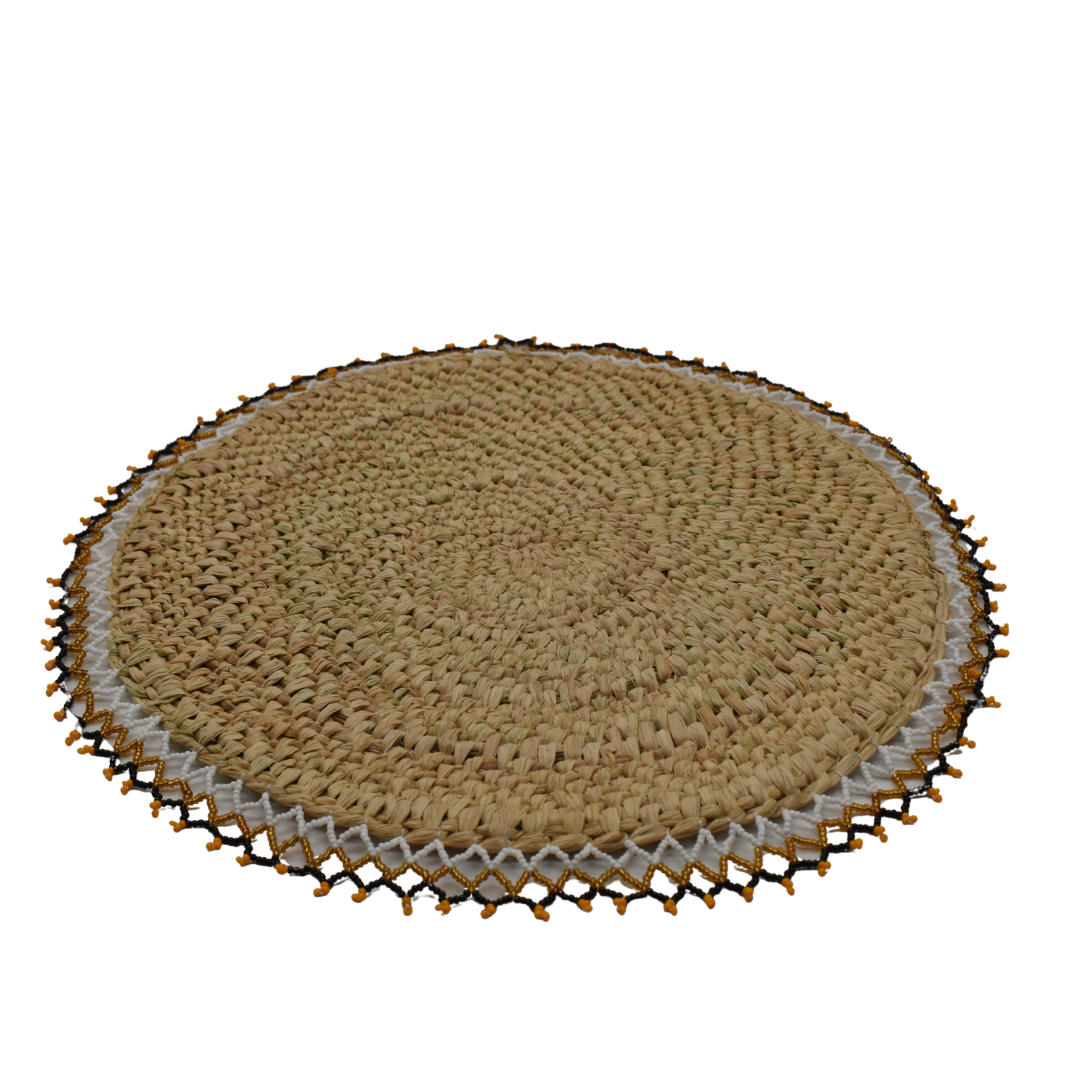 Handwoven Beaded Rim Raffia Placemat - 12 Inch - Mawu Africa