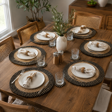 Handwoven Raffia Placemat | Black | 12 Inch