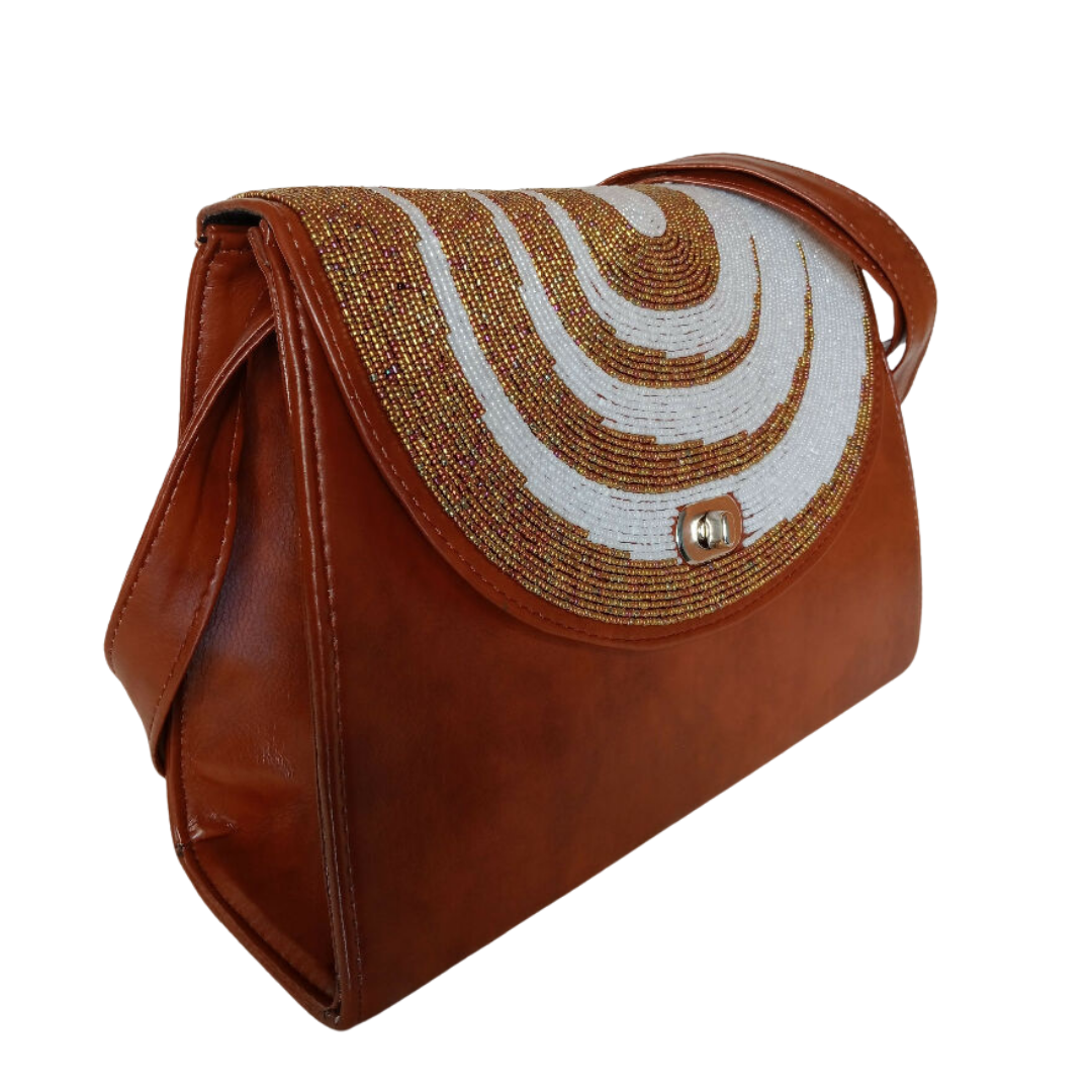 Brown Hand-Beaded Flap Crossbody Bag - Mawu Africa