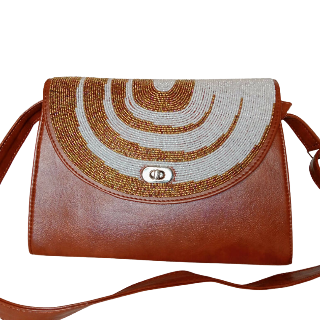Brown Hand-Beaded Flap Crossbody Bag - Mawu Africa