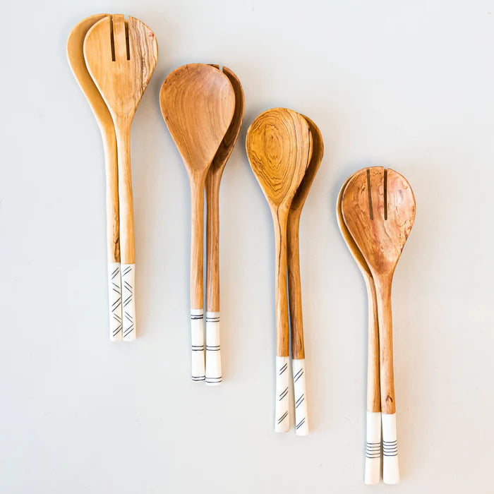 Olive wood salad spoon with batik detail - light-Mawu Africa