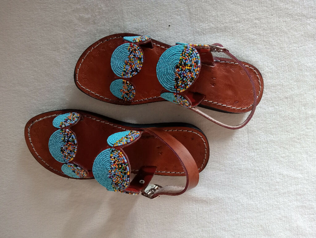 Leather Wedge Sandals- Turquiose Tribal