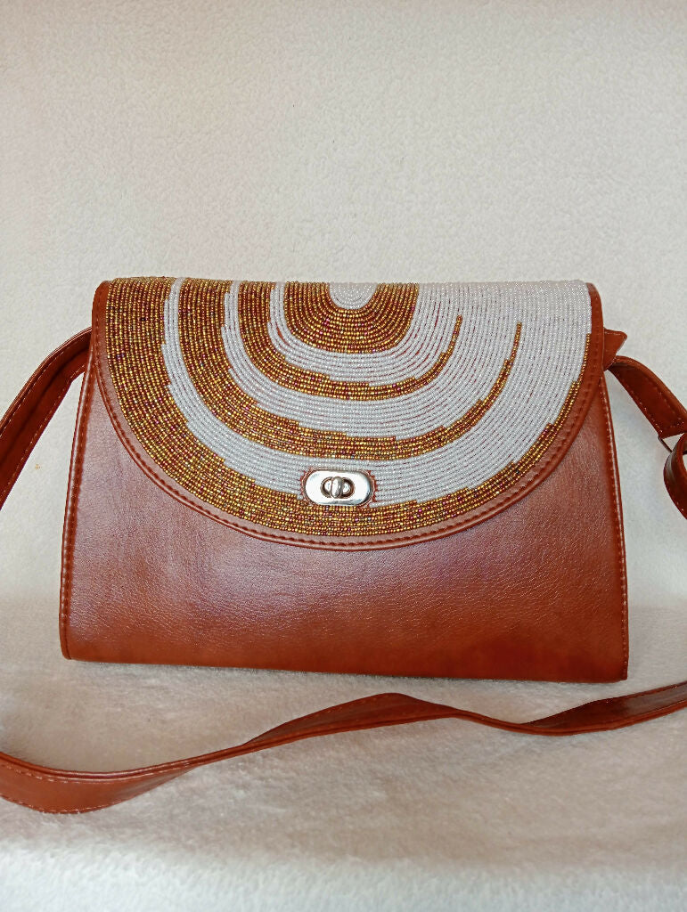 Brown Hand-Beaded Flap Crossbody Bag - Mawu Africa