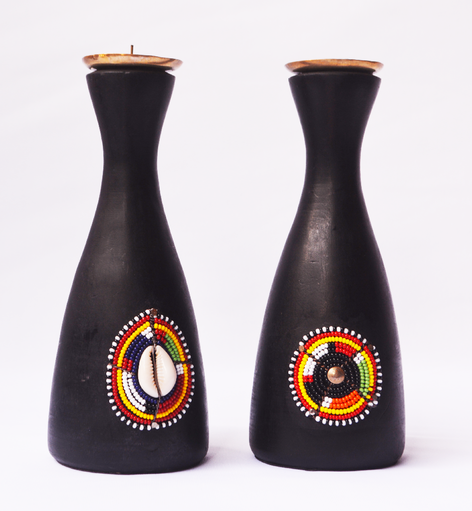 Wooden Candle Stands with Maasai Beads