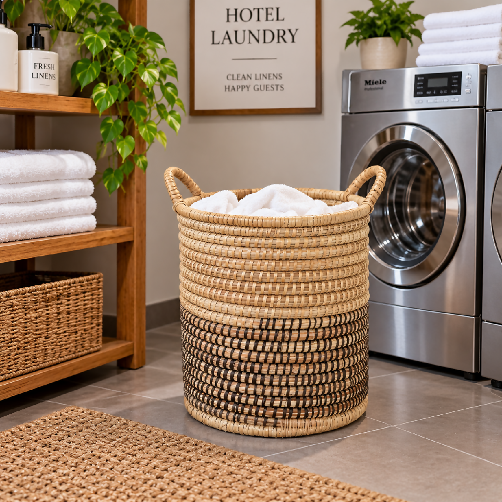 Raffia Laundry Basket – Circular with Handles- Mawu Africa