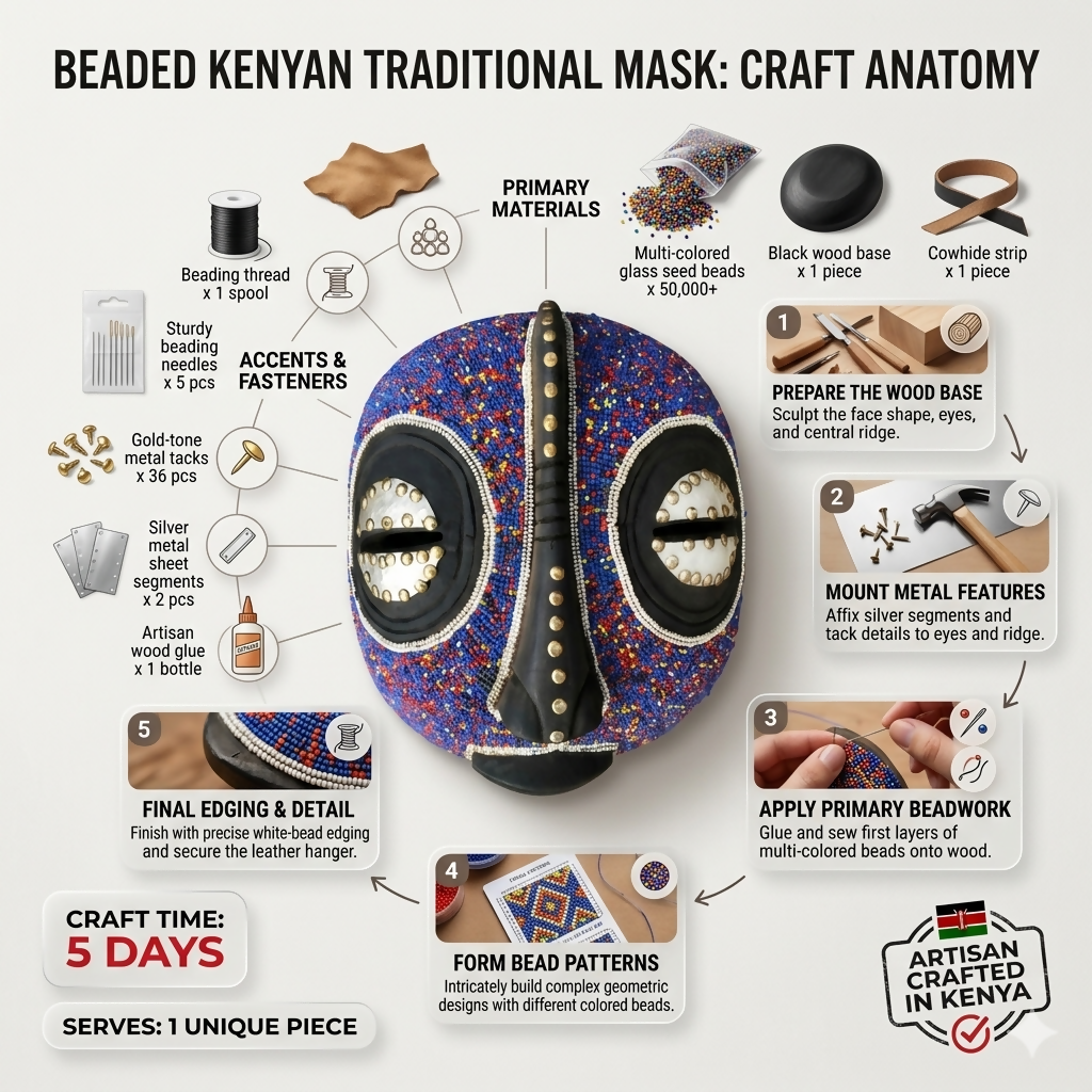 Traditional African Tribal Mask Kenya | Beaded Multicolour Wooden - Mawu Africa