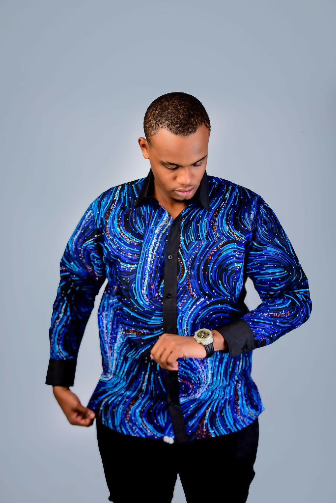 Blue and Black cuff Men's African Shirt Long Sleeve1