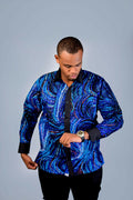 Blue and Black cuff Men's African Shirt Long Sleeve2
