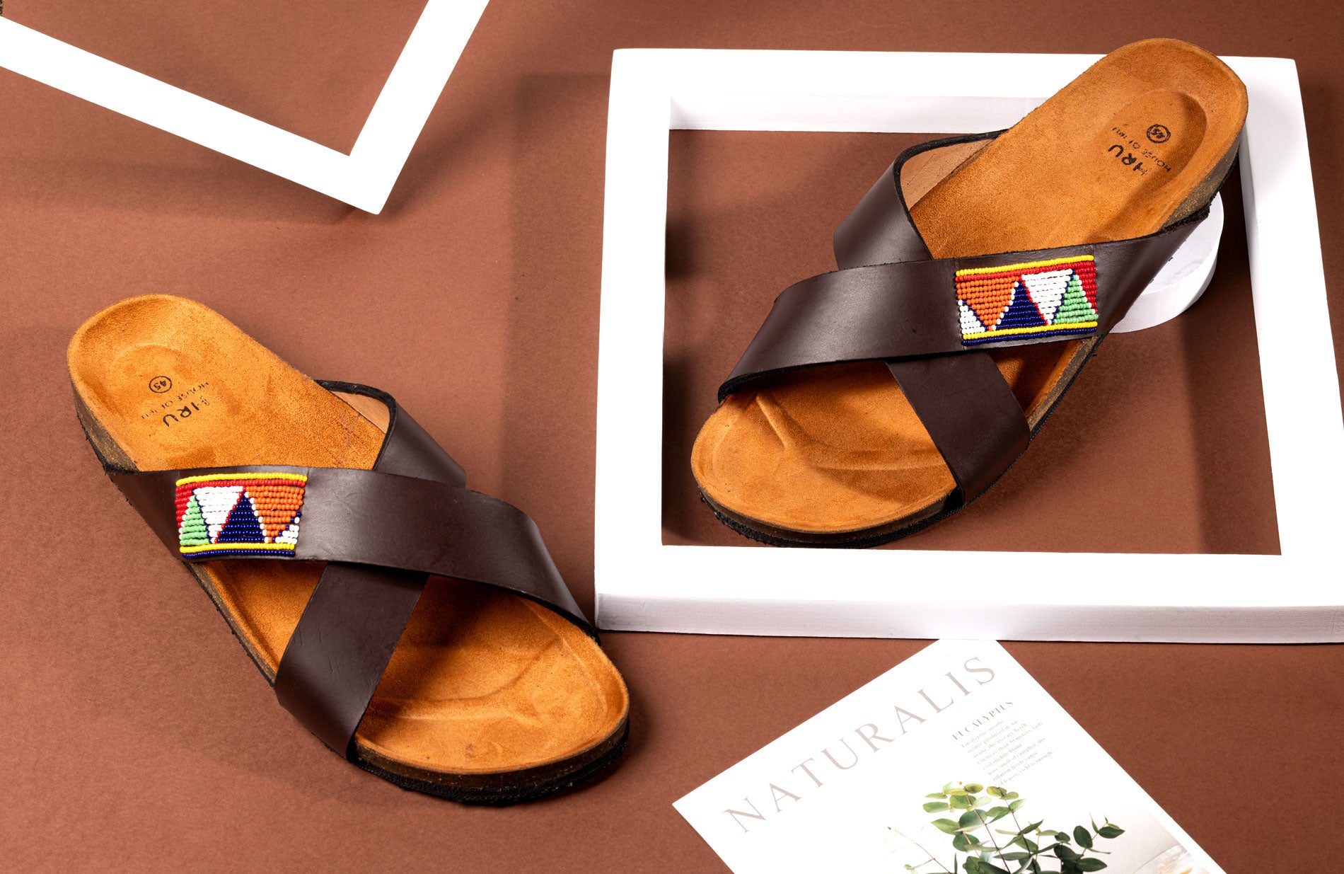 Men Leather Cork Sandals | African Beaded Sandals | Brown