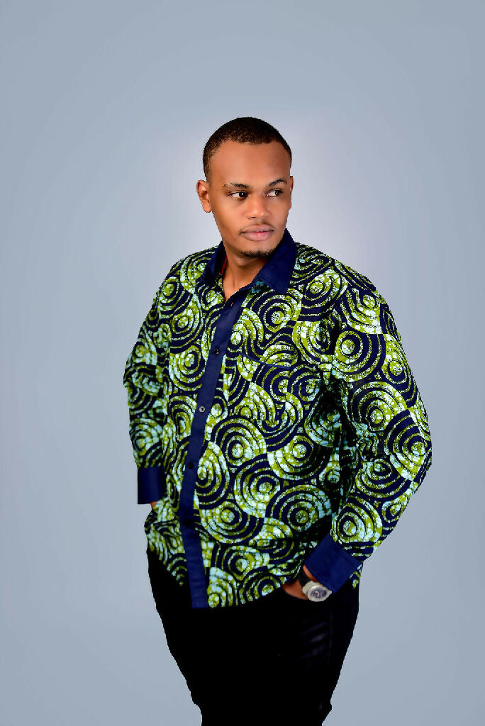 Green with blue cuffs African Shirt