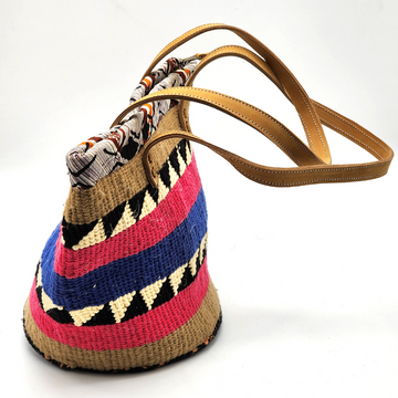 Colorful African Kiondo with quality brown leather straps | Basket | Woolen