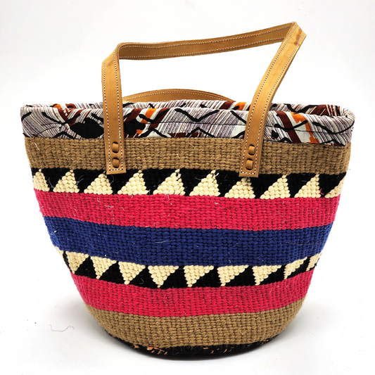Colorful African Kiondo with quality brown leather straps | Basket | Woolen