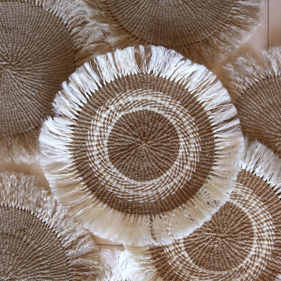Boho placemats| Natural with white circle pattern | Sisal mats with fringe