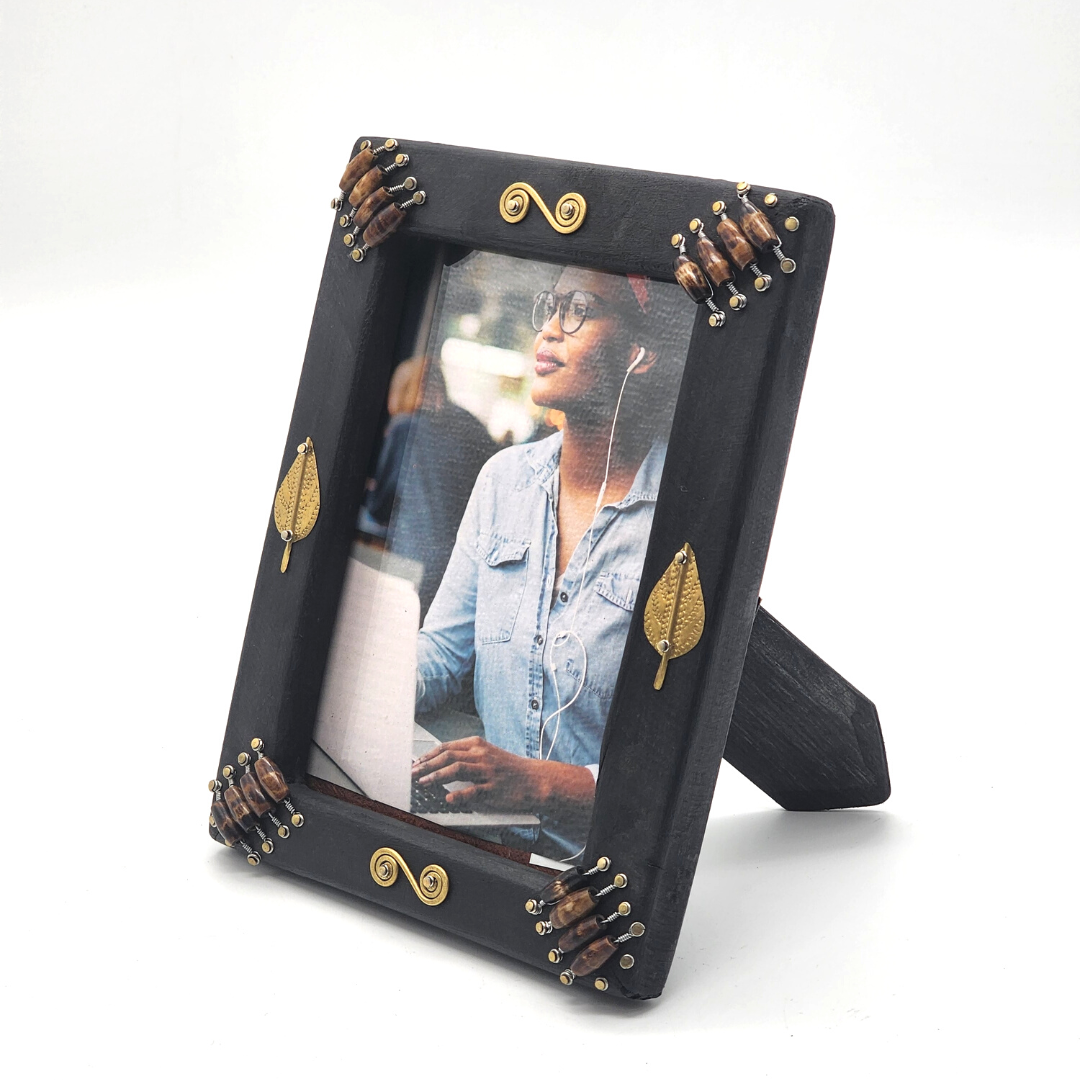 Wooden Photo frame with beadwork & brass styling