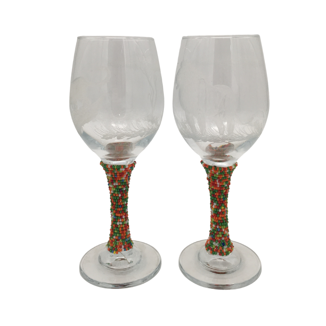 African wine glasses- beaded stem and engraved