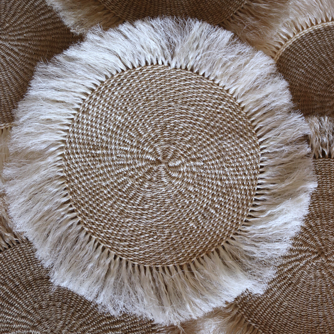 Sisal mats | beige and white spiral| White fringe sisal mats
