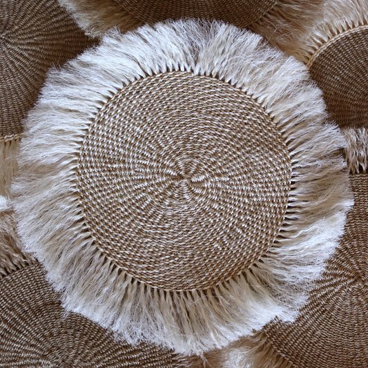 Sisal mats | beige and white spiral| White fringe sisal mats