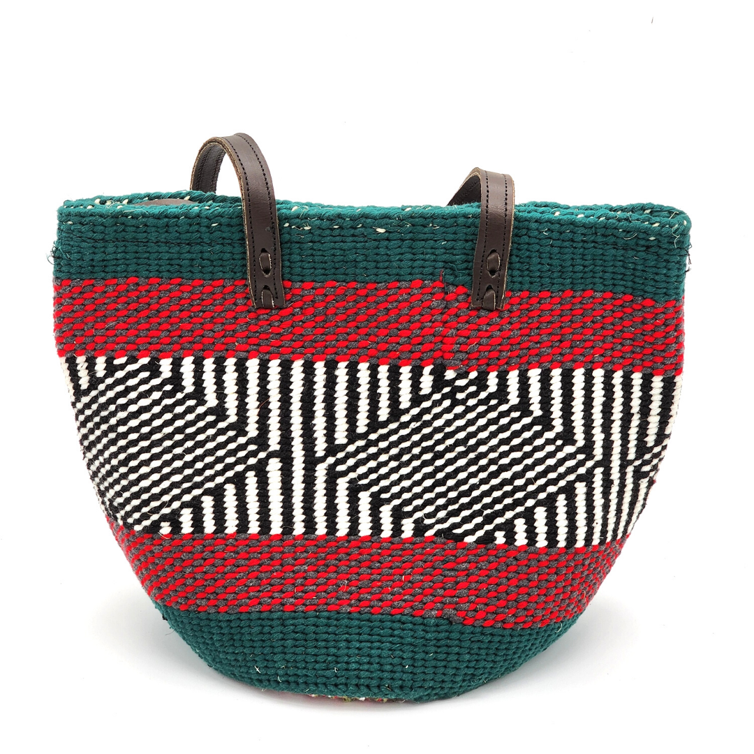 African Kiondo handbag with leather straps | Basket | Woolen| Green