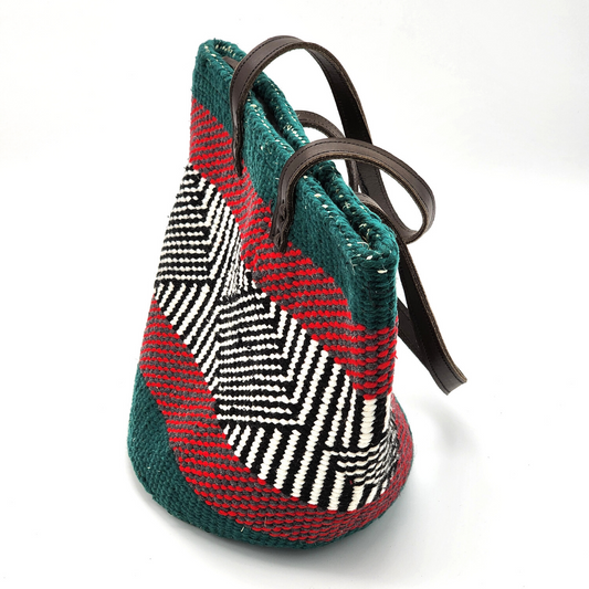 African Kiondo handbag with leather straps | Basket | Woolen| Green