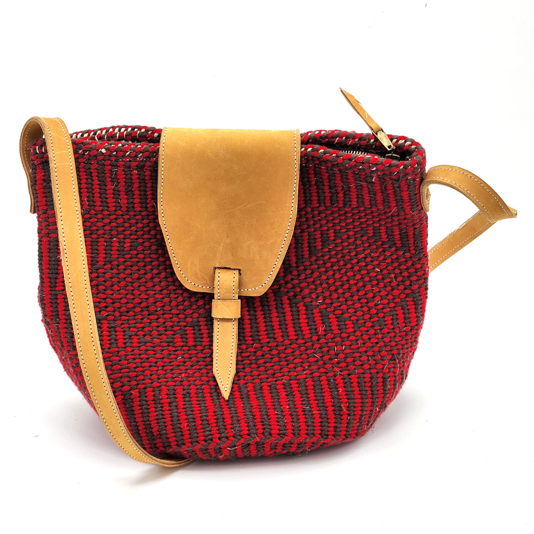 African Kiondo handbag with quality brown leather straps | Basket | Woolen| Red