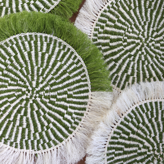 Green Pattern Boho Placemats | Sisal mats with fringe