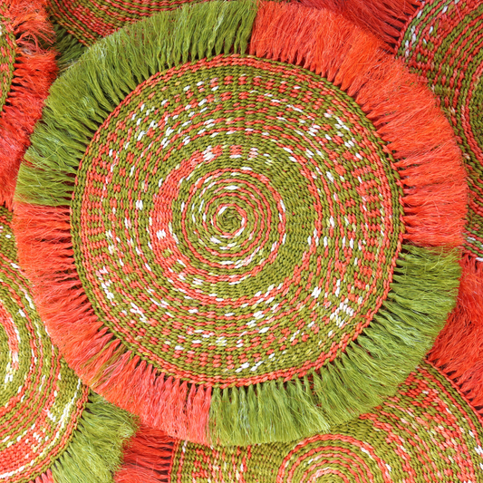 Orange and Jungle Green Boho Placemats | Sisal mats with fringe