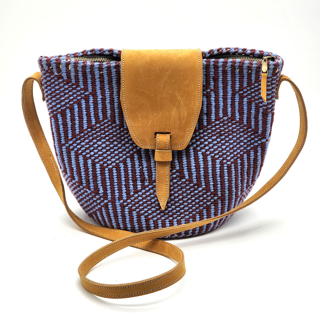 African Kiondo handbag with quality brown leather straps | Basket | Woolen| Blue