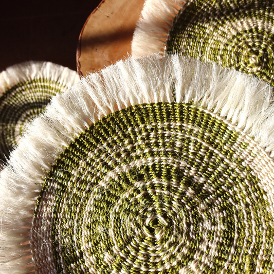 Boho Placemats | Jungle green and white spiral | Fringe mats