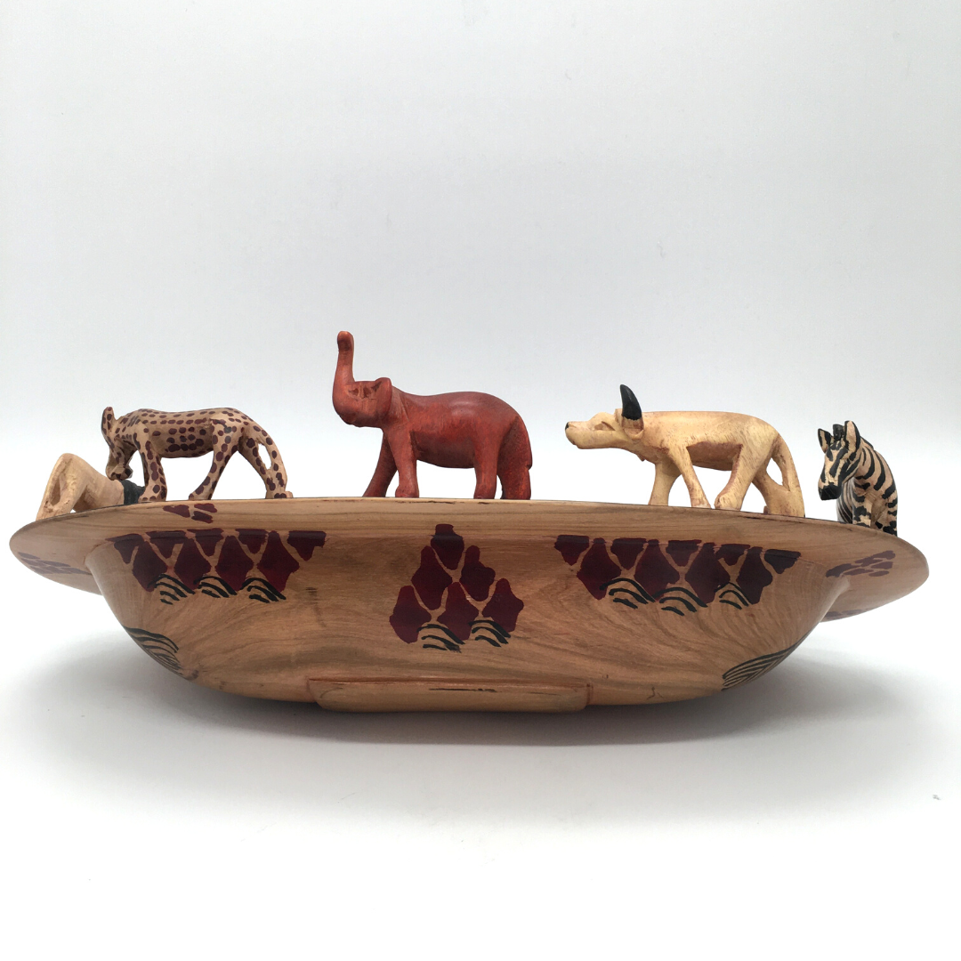Large Wooden Storage Bowl with animal carvings