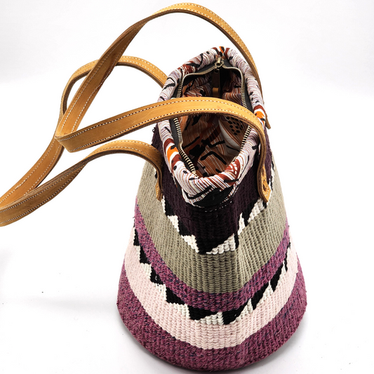 Purple African Kiondo with quality brown leather straps | Basket | Woolen