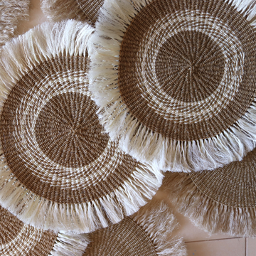 Boho placemats| Natural with white circle pattern | Sisal mats with fringe