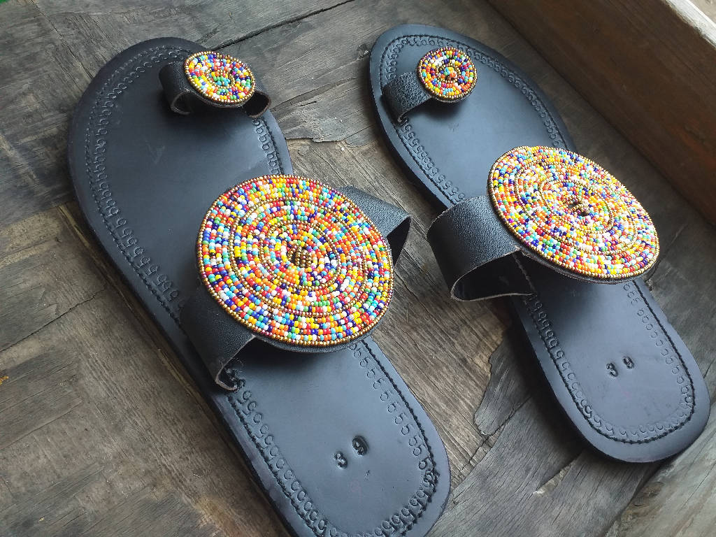 Siraa - Grey Colorful Beaded Leather Sandal – Long Life Shoe