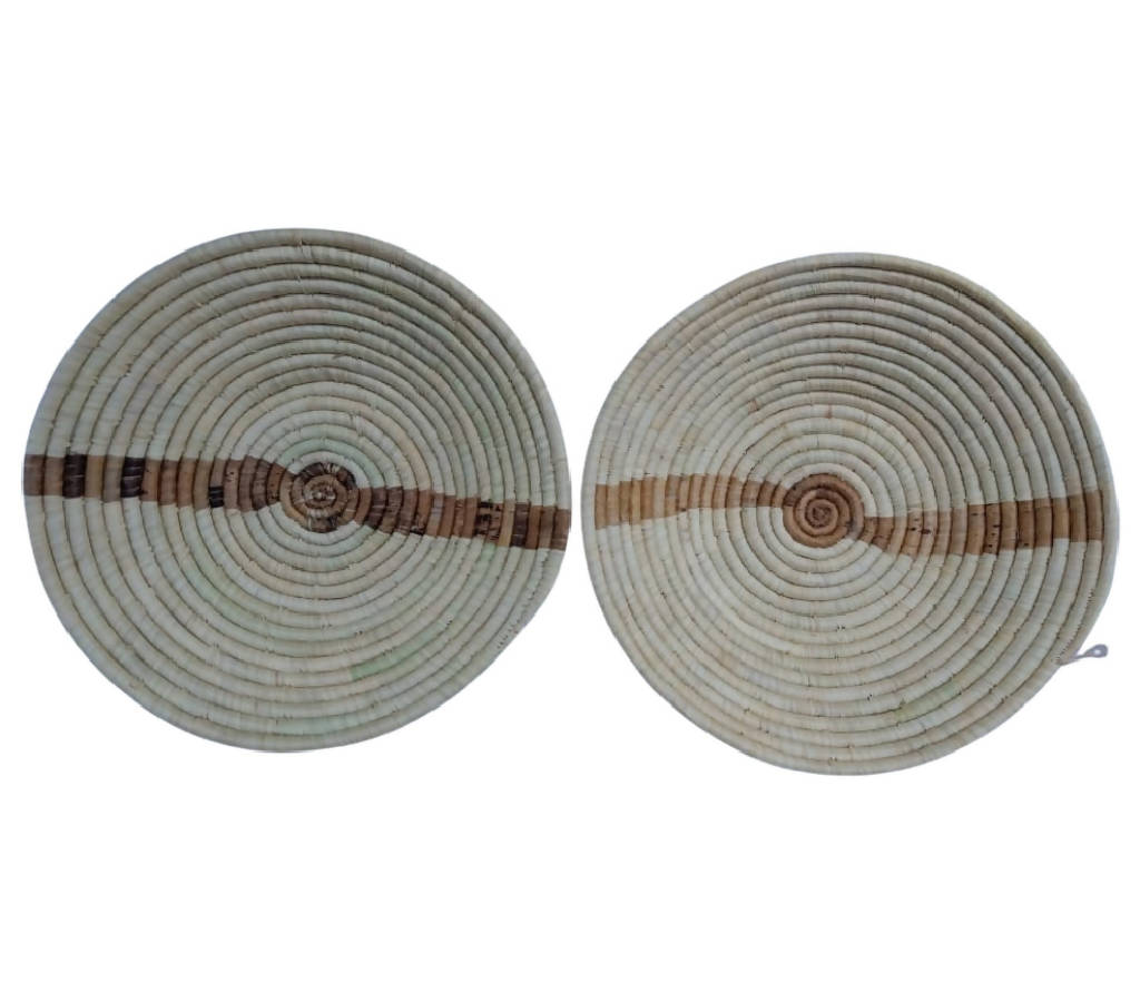 12inch Spiral Raffia Handwoven Bowl - Plain with brown detail