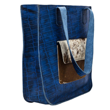 Blue pure leather with hide pocket detail | Handmade women's tote bag