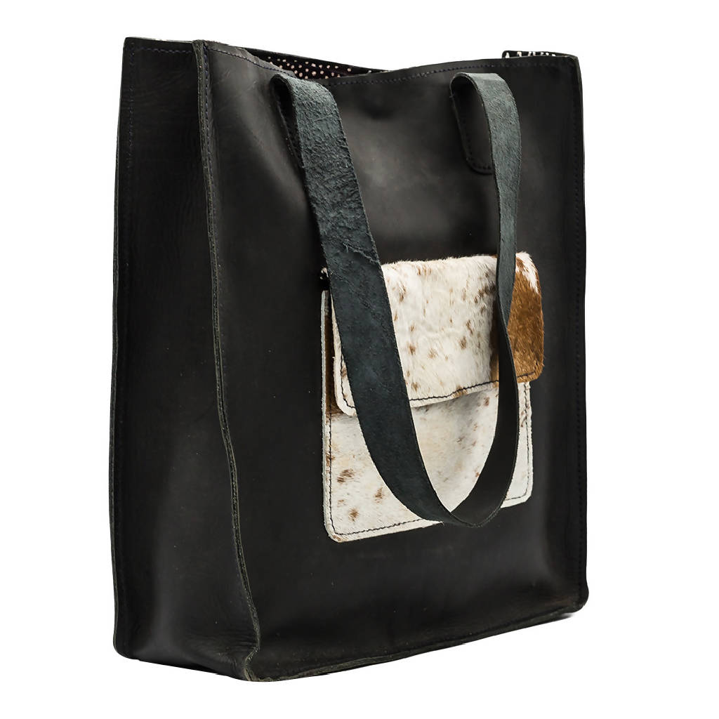 Black pure leather with hide pocket detail | Handmade women's tote bag